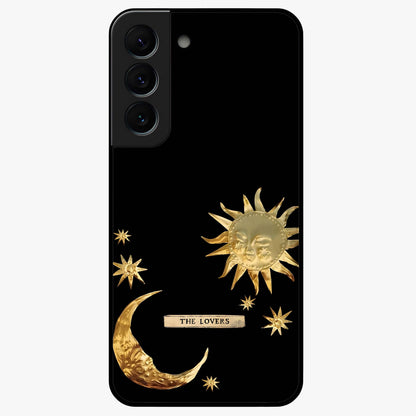 Golden Celestial Charm Glass Case showing flat back view with golden celestial charm artwork and glossy glass finish.