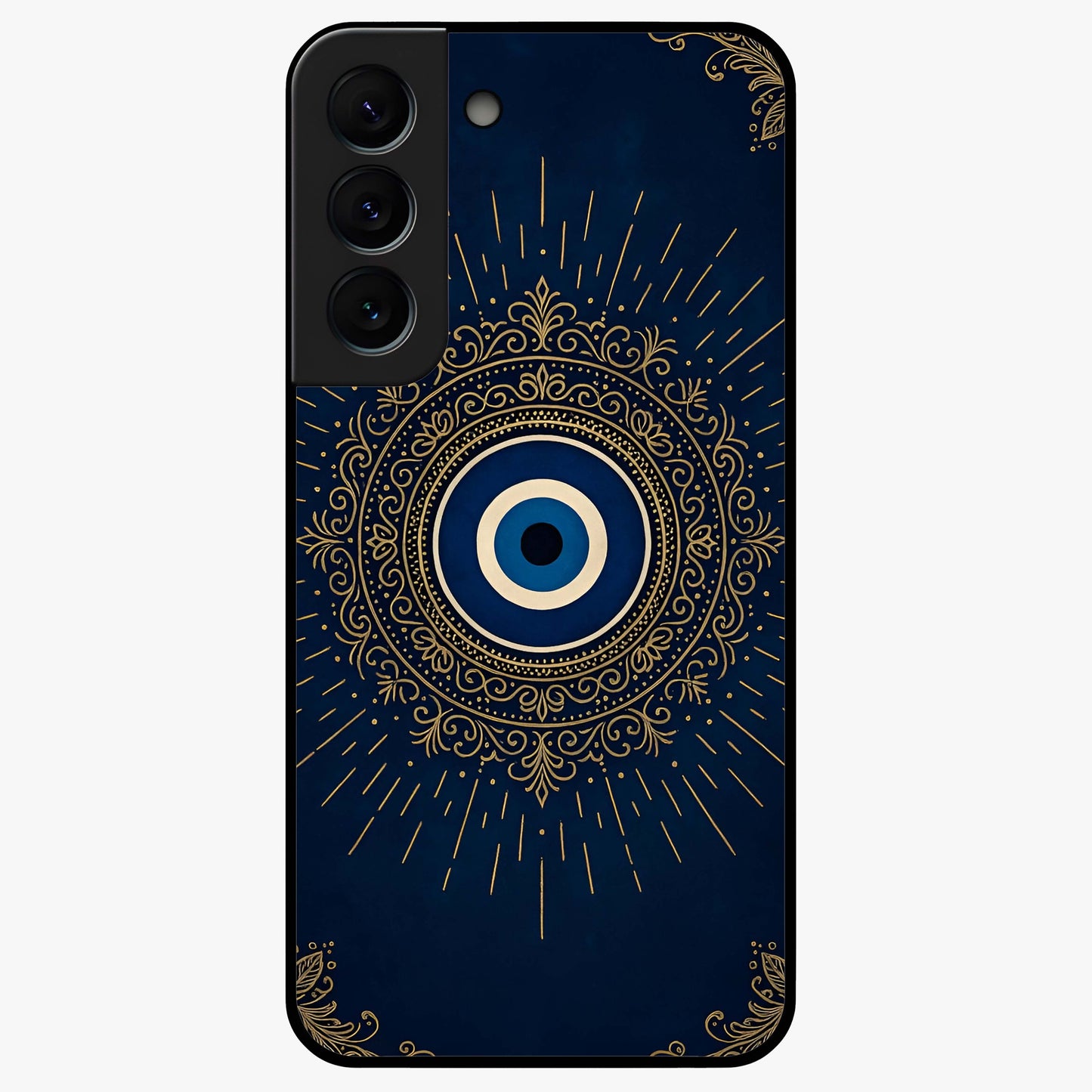 Golden Evil Eye Mandala Glass Case showing flat back view with intricate evil eye mandala artwork and glossy glass finish.