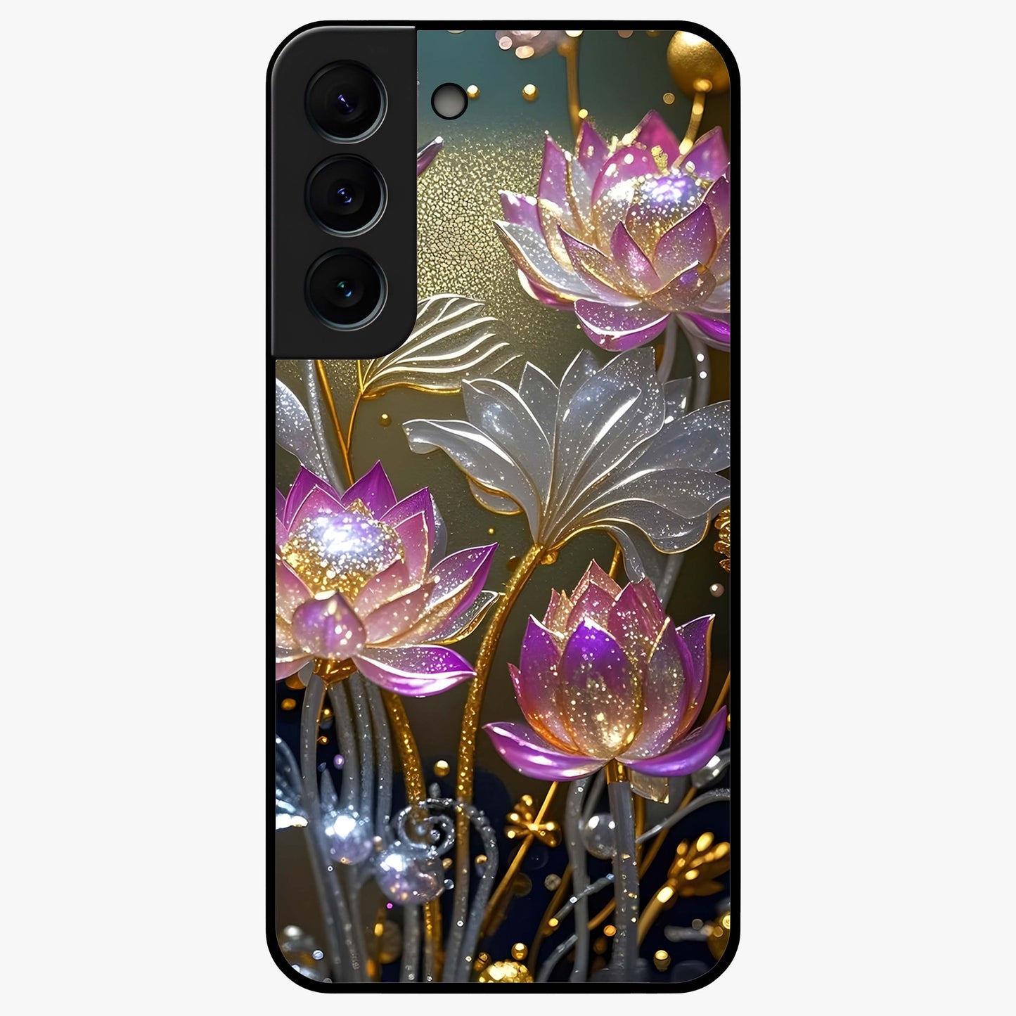 Golden Lotus Glow Glass Case showing flat back view with glowing lotus flower artwork and glossy glass finish.