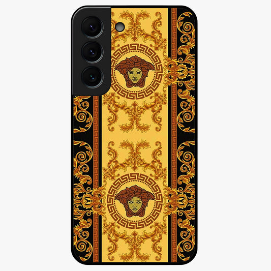 Golden Royal Heritage Glass Case showing flat back view with ornate royal pattern artwork and glossy glass finish.