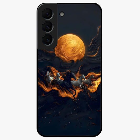 Golden Stallion Moonride Glass Case showing flat back view with majestic horse under moonlight artwork and glossy glass finish.