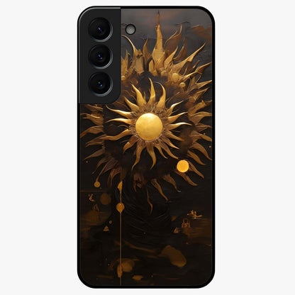 Golden Sun Majesty Glass Case showing flat back view with radiant golden sun artwork and glossy glass finish.