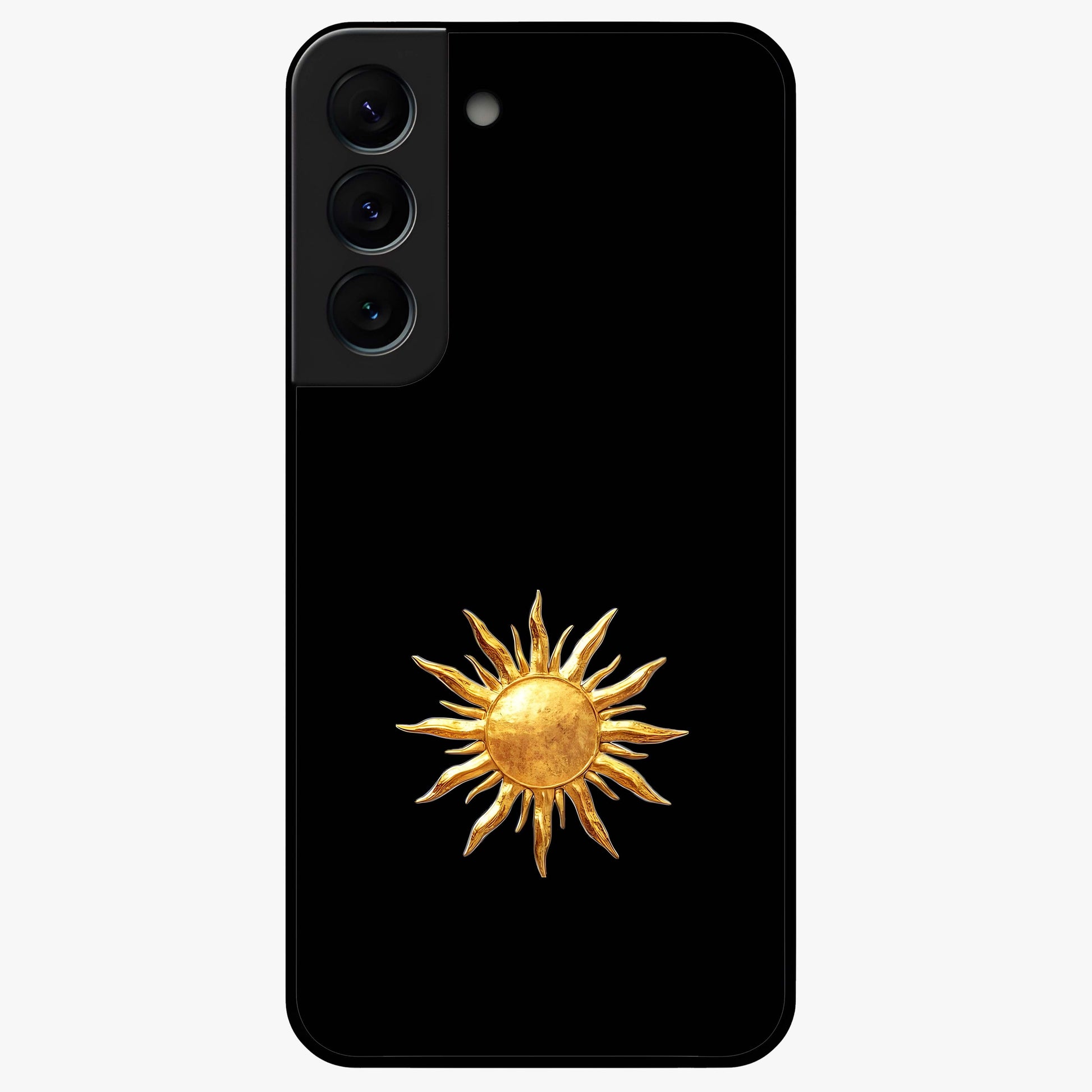Golden Sun Minimalism Glass Case showing flat back view with minimal golden sun artwork and glossy glass finish.