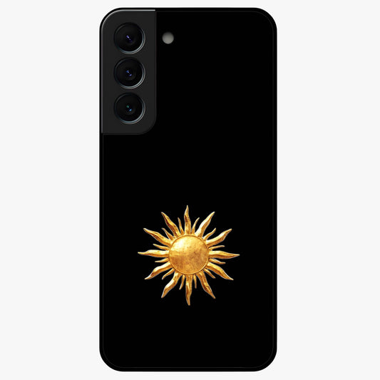 Golden Sun Minimalism Glass Case showing flat back view with minimal golden sun artwork and glossy glass finish.