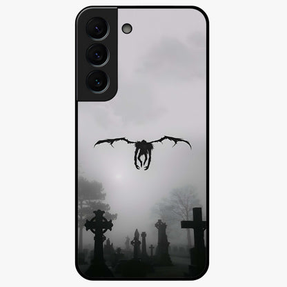 Graveyard Shadow Descent Glass Case showing flat back view with dark graveyard themed artwork and glossy glass finish.