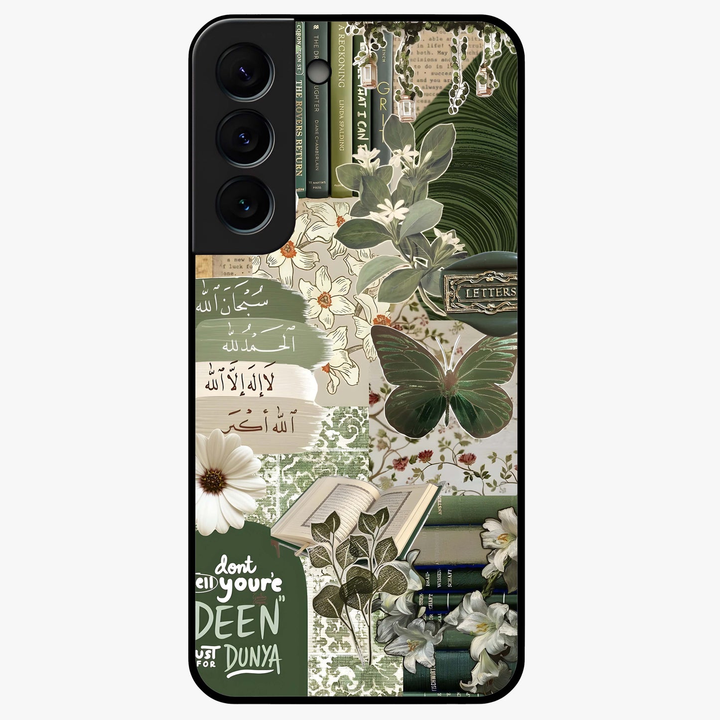 Green Islamic Books Quotes Glass Case showing flat back view with Islamic quotes and book themed artwork and glossy glass finish.