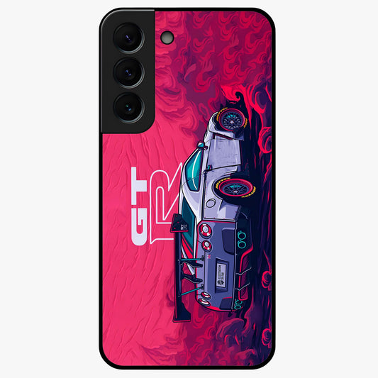 GT-R Car Pattern Glass Case showing flat back view with sporty car inspired pattern artwork and glossy glass finish.