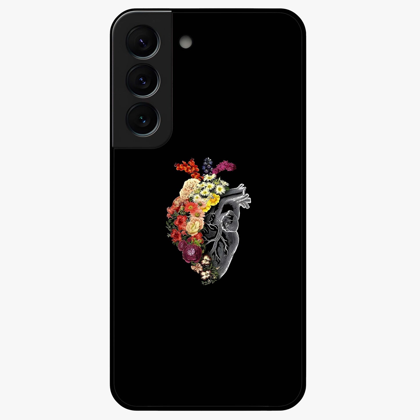 Heart With Flowers Glass Case showing flat back view with heart shaped floral artwork and glossy glass finish.