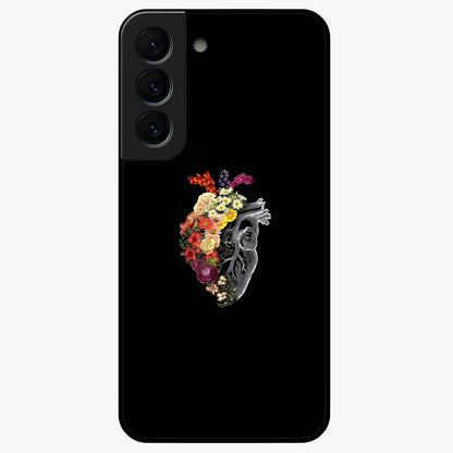 Heart With Flowers Glass Case showing flat back view with heart shaped floral artwork and glossy glass finish.