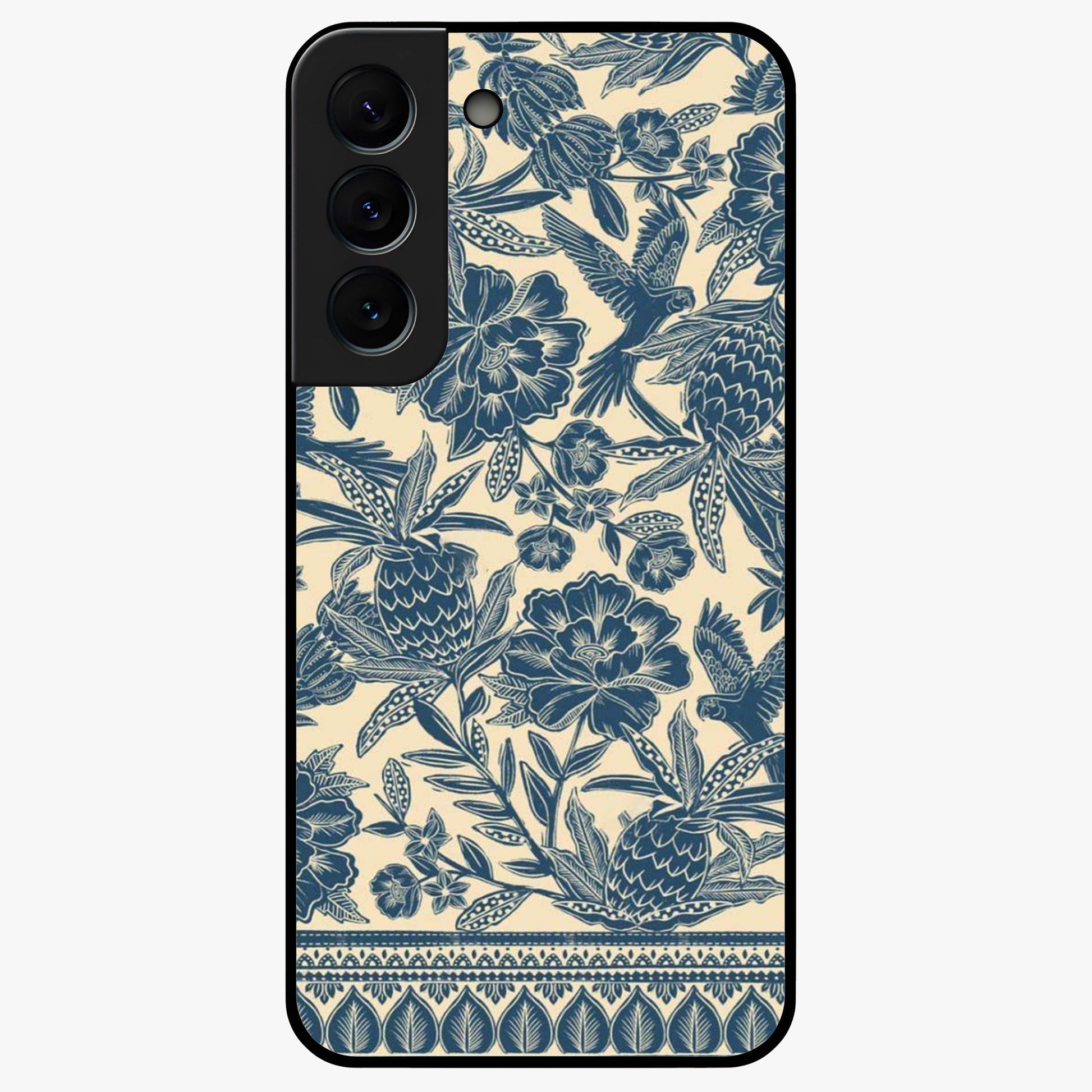 Heirloom Wild Bloom Glass Case showing flat back view with vintage inspired wild flower artwork and glossy glass finish.