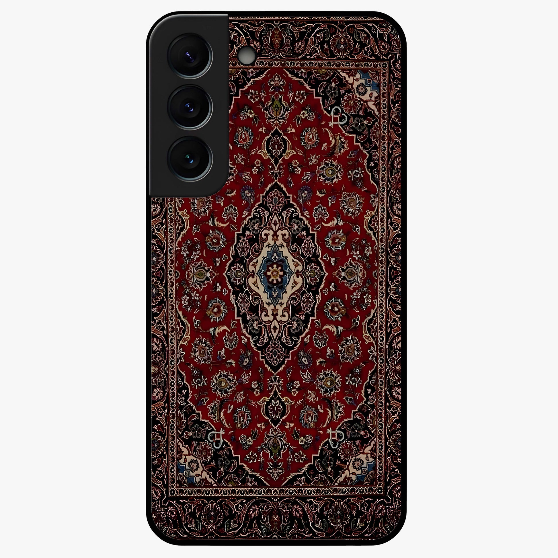 Heritage Carpet Royale Glass Case showing flat back view with ornate Persian carpet inspired pattern and glossy glass finish.