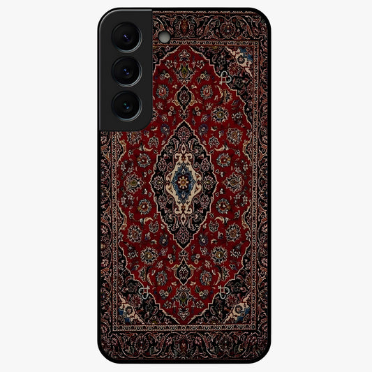 Heritage Carpet Royale Glass Case showing flat back view with ornate Persian carpet inspired pattern and glossy glass finish.