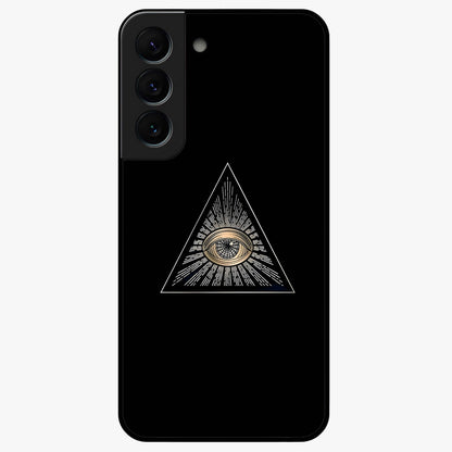 Illuminati Evil Glass Case showing flat back view with mysterious illuminati symbol artwork and glossy glass finish.