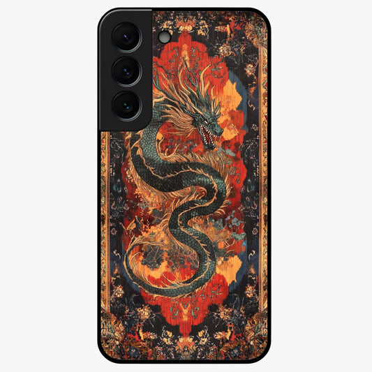 Inferno Dragon Soul Glass Case showing flat back view with fiery dragon artwork and glossy glass finish.