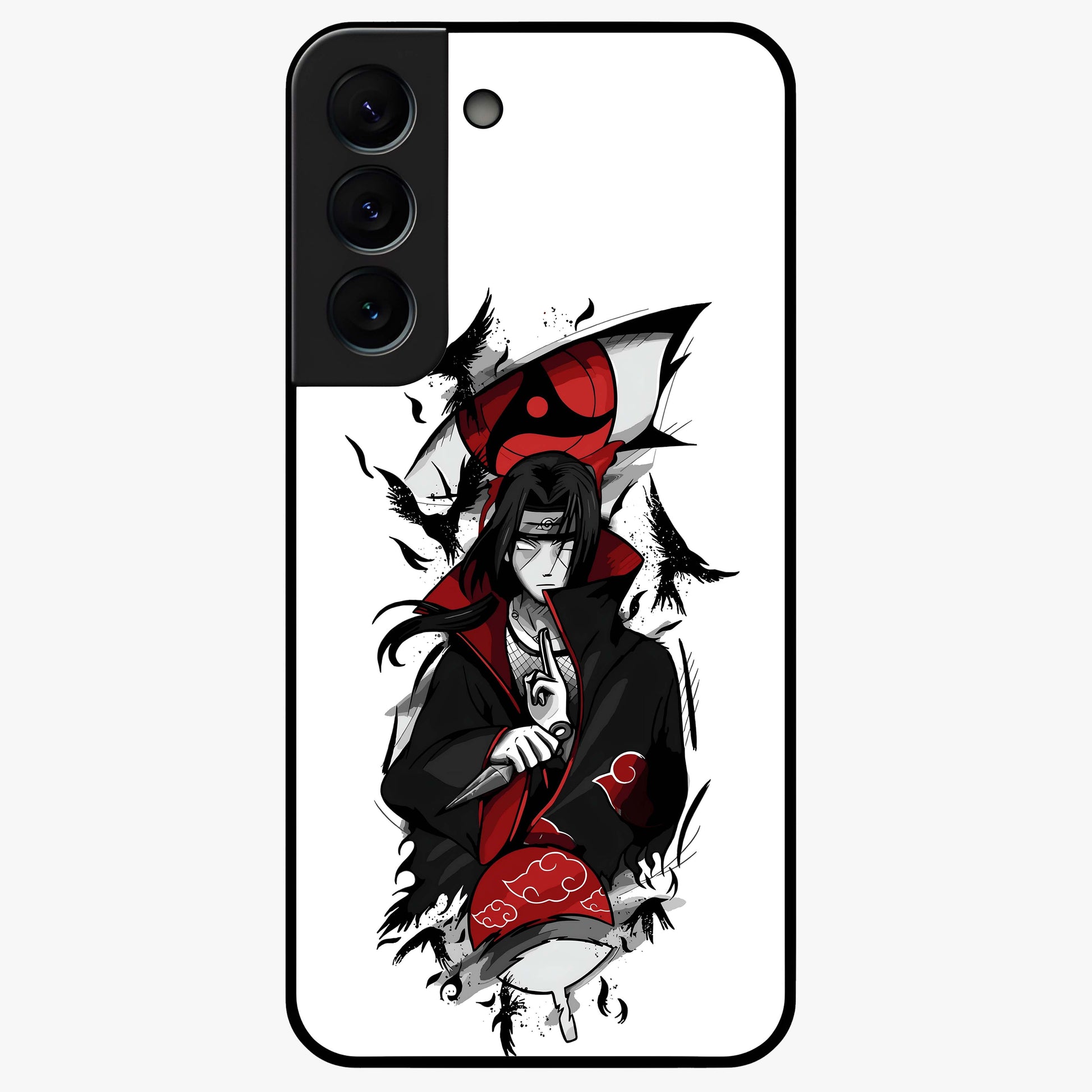 Itachi Sharingan Glass Case showing flat back view with powerful anime eye artwork and glossy glass finish.