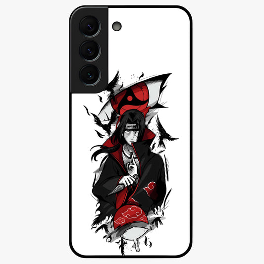 Itachi Sharingan Glass Case showing flat back view with powerful anime eye artwork and glossy glass finish.