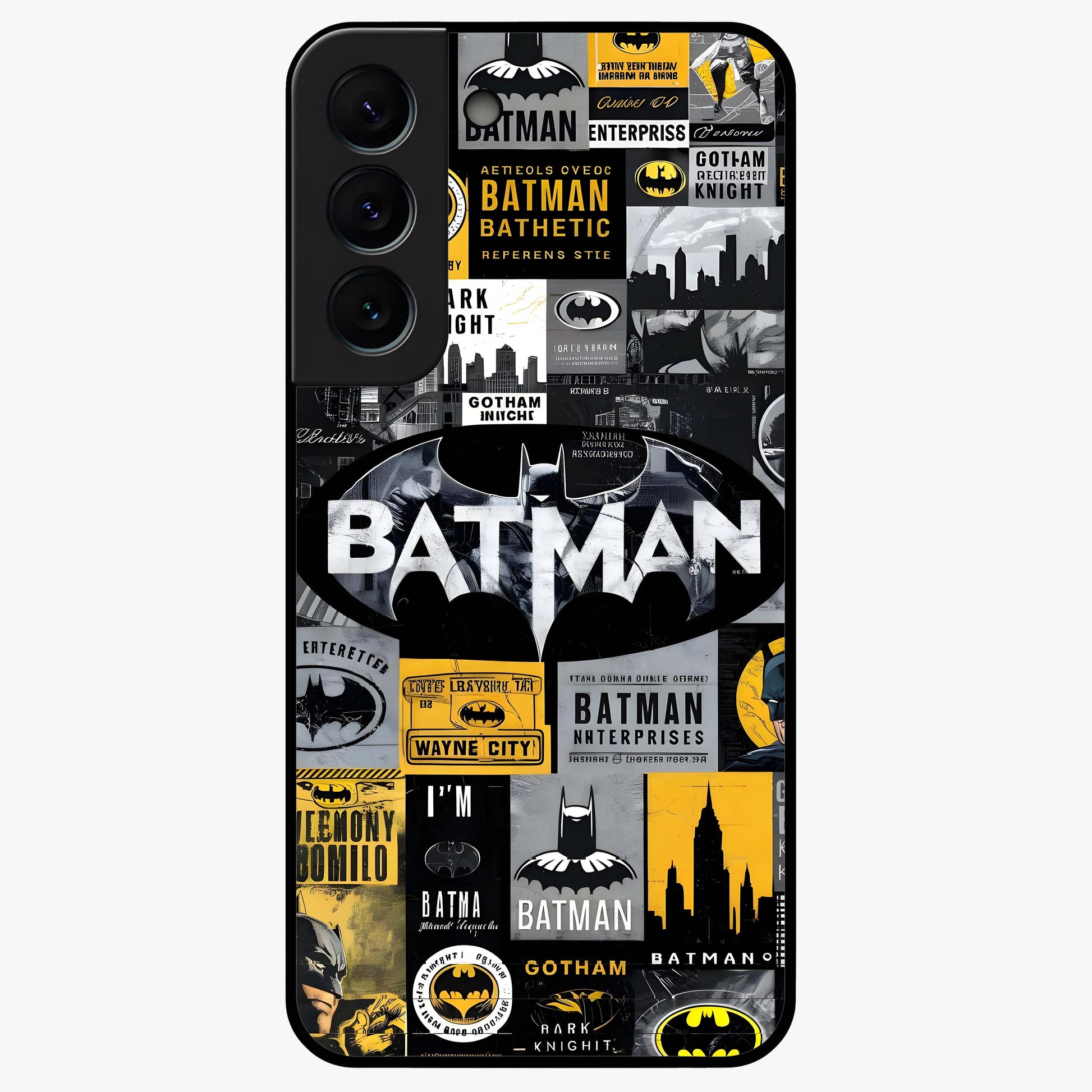 Knight Gotham Rise Glass Case showing flat back view with dark hero inspired artwork and glossy glass finish.