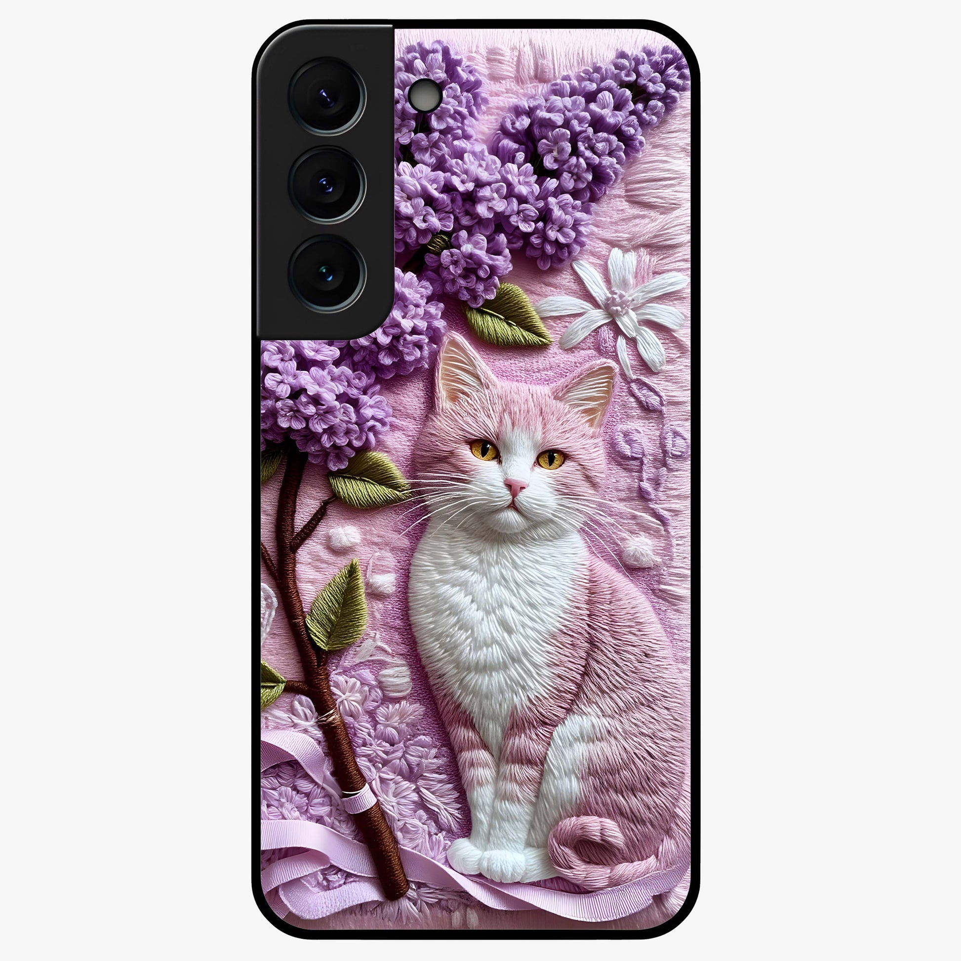 Lavender Cat Whimsy Glass Case showing flat back view with cute lavender cat artwork and glossy glass finish.