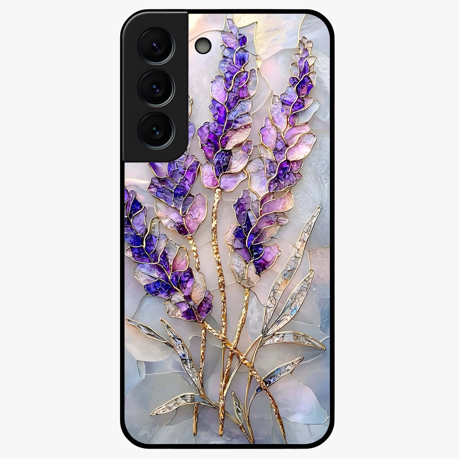 Lavender Dream Glow Glass Case showing flat back view with glowing lavender aesthetic artwork and glossy glass finish.