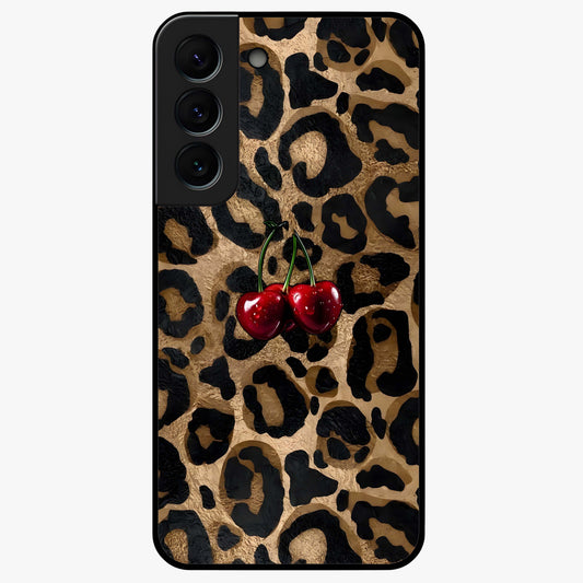 Leopard Wild Cherry Glass Case showing flat back view with leopard pattern and cherry artwork and glossy glass finish.