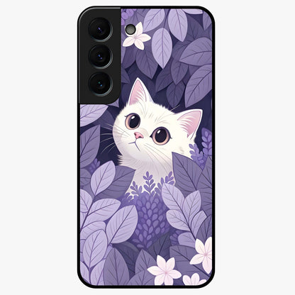 Lilac Hide Peek Cat Glass Case showing flat back view with cute peeking cat artwork and glossy glass finish.