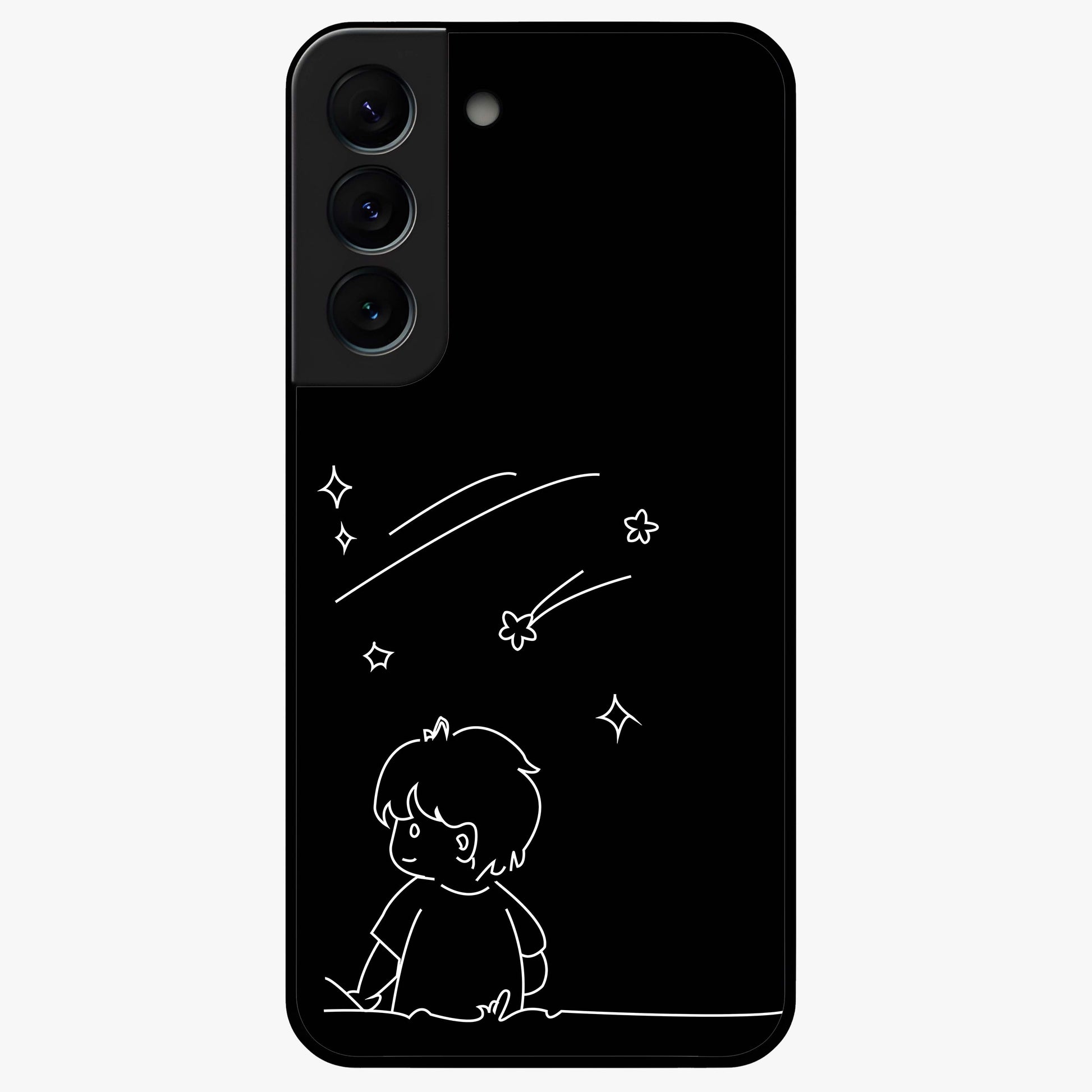 Line Art Boy With Shooting Stars Glass Case showing flat back view with minimal line art boy and shooting stars illustration and glossy glass finish.