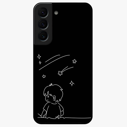 Line Art Boy With Shooting Stars Glass Case showing flat back view with minimal line art boy and shooting stars illustration and glossy glass finish.