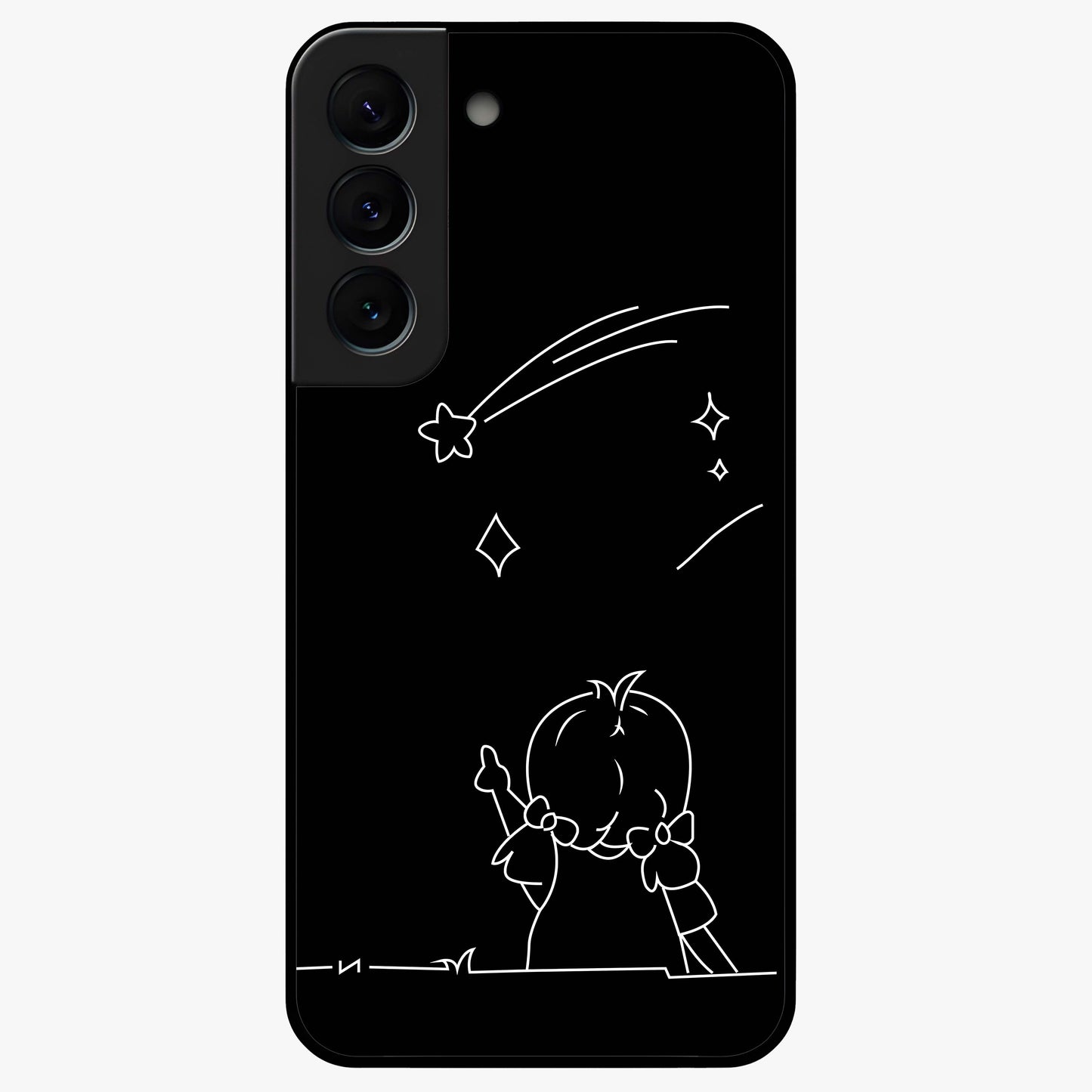 Line Art Girl With Shooting Stars Glass Case showing flat back view with minimal line art girl and shooting stars illustration and glossy glass finish.