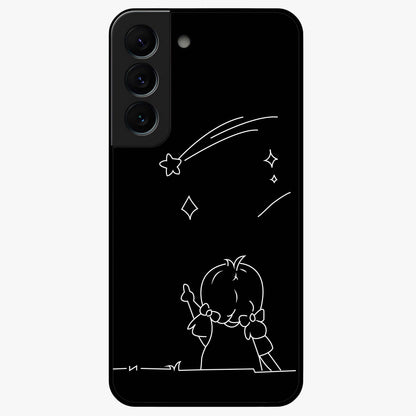Line Art Girl With Shooting Stars Glass Case showing flat back view with minimal line art girl and shooting stars illustration and glossy glass finish.