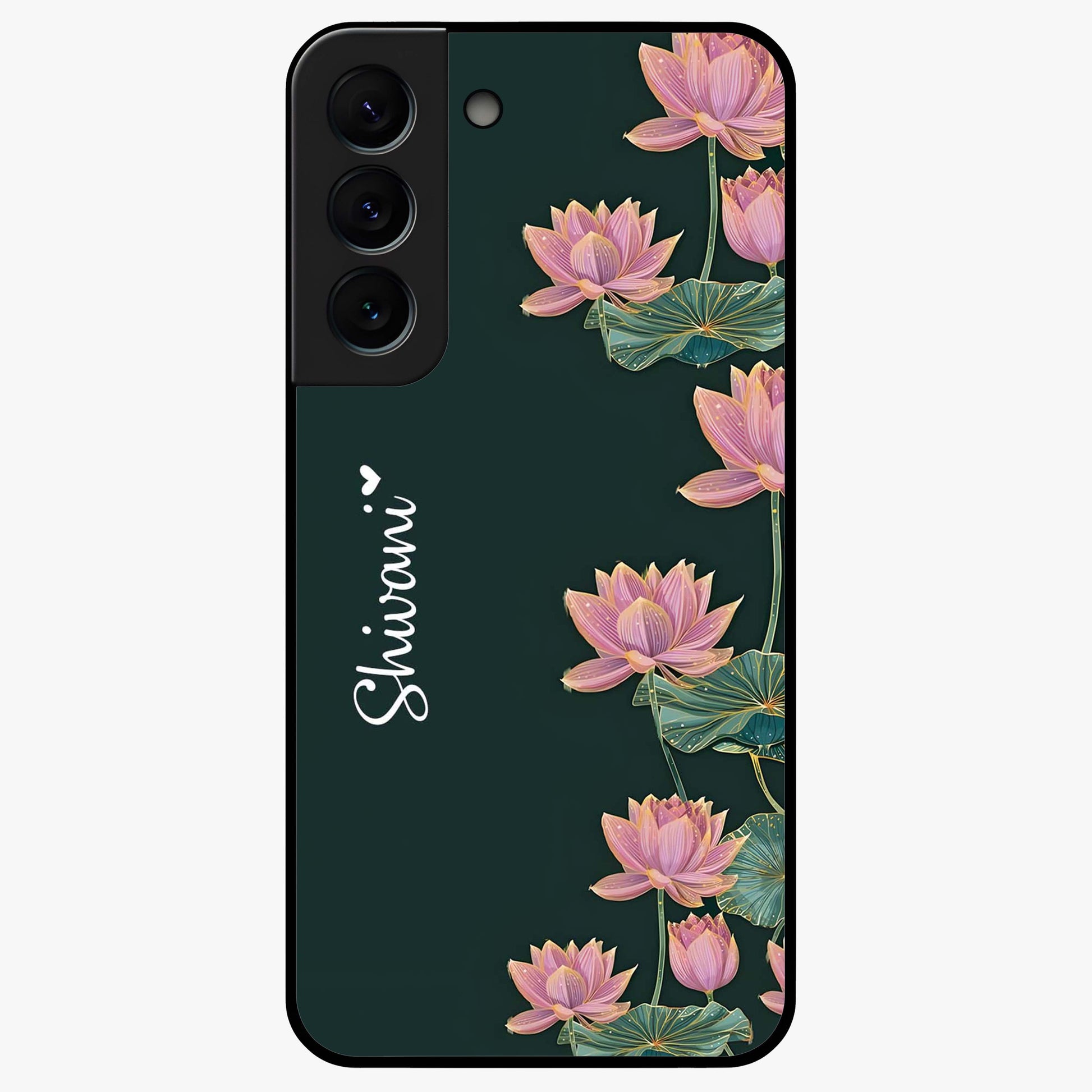 Lotus Bloom Serenity Custom Name Glass Case showing flat back view with elegant lotus flower artwork and personalized name design.