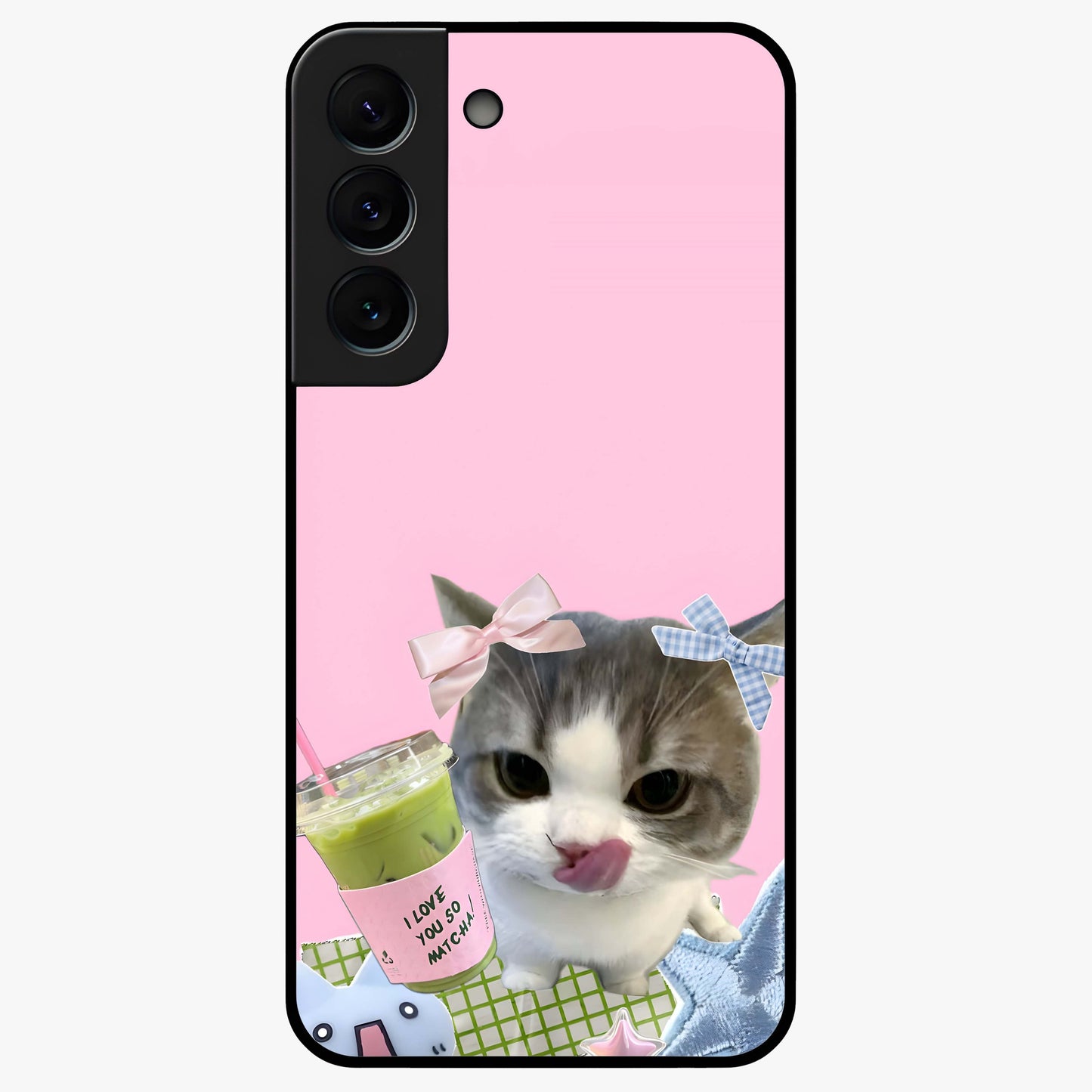 Love Matcha Cat Glass Case showing flat back view with cute cat and matcha themed artwork and glossy glass finish.