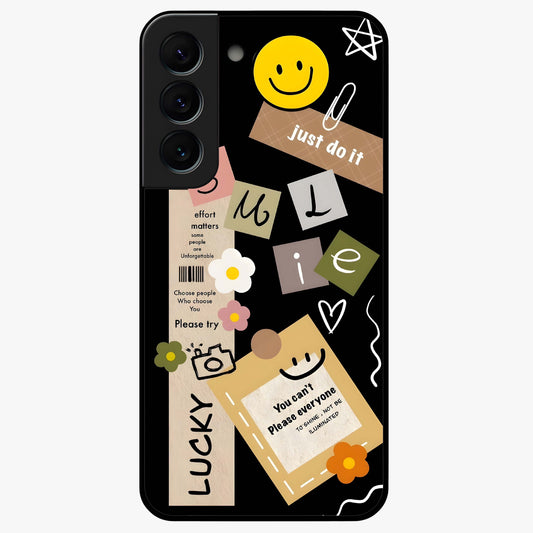 Lucky Aesthetic Collage Glass Case showing flat back view with trendy aesthetic collage artwork and glossy glass finish.