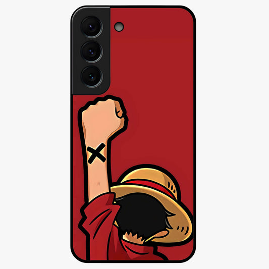 Luffy X Spirit Glass Case showing flat back view with bold anime character artwork and glossy glass finish.