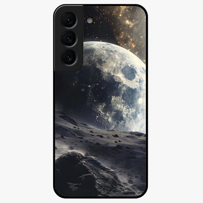 Lunar Horizon Glow Glass Case showing flat back view with glowing moon horizon artwork and glossy glass finish.