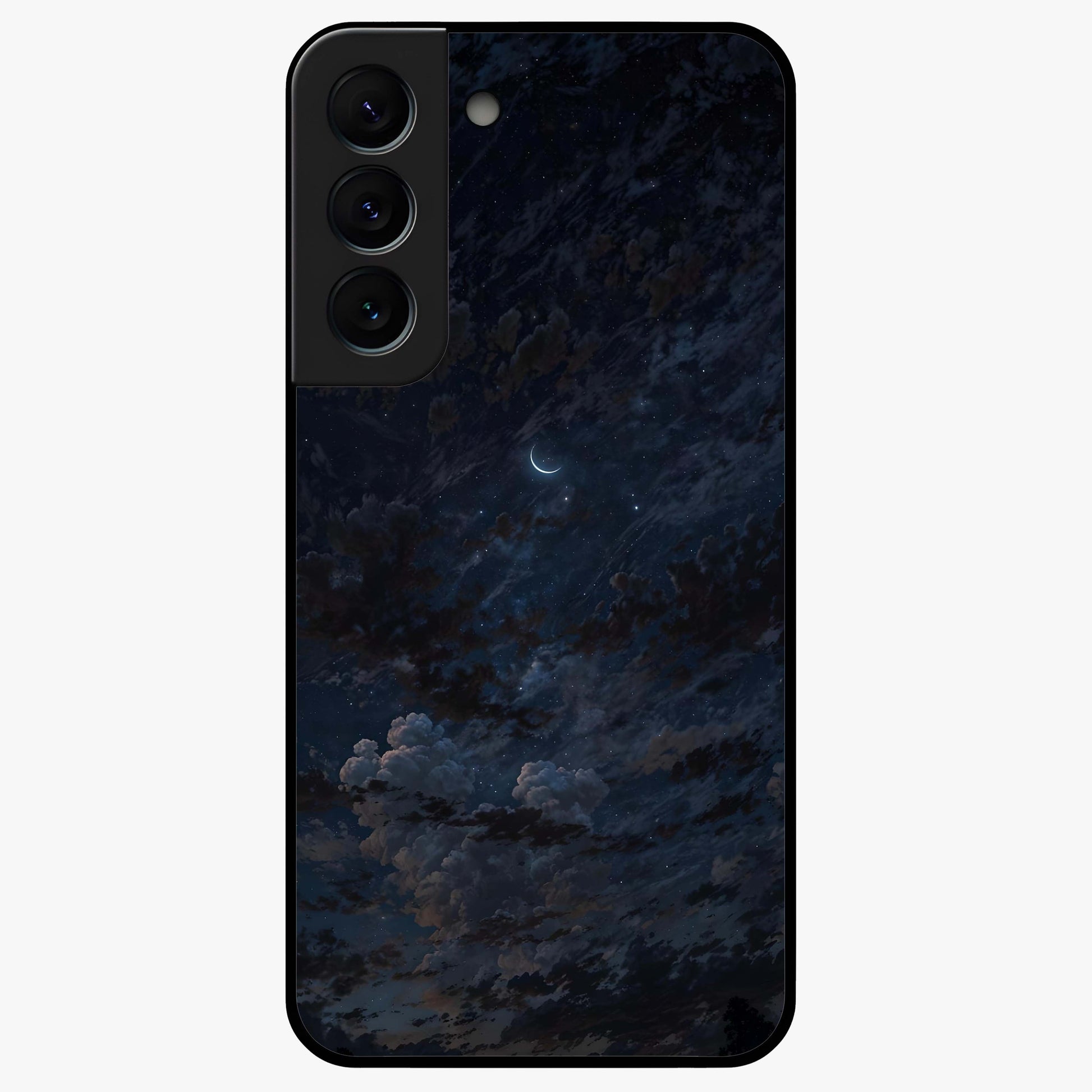 Lunar Veil Silence Glass Case showing flat back view with mystical moon veil artwork and glossy glass finish.