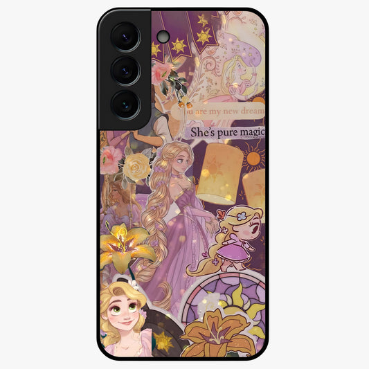 Magical Tangled Dream Glass Case showing flat back view with dreamy tangled artwork and glossy glass finish.