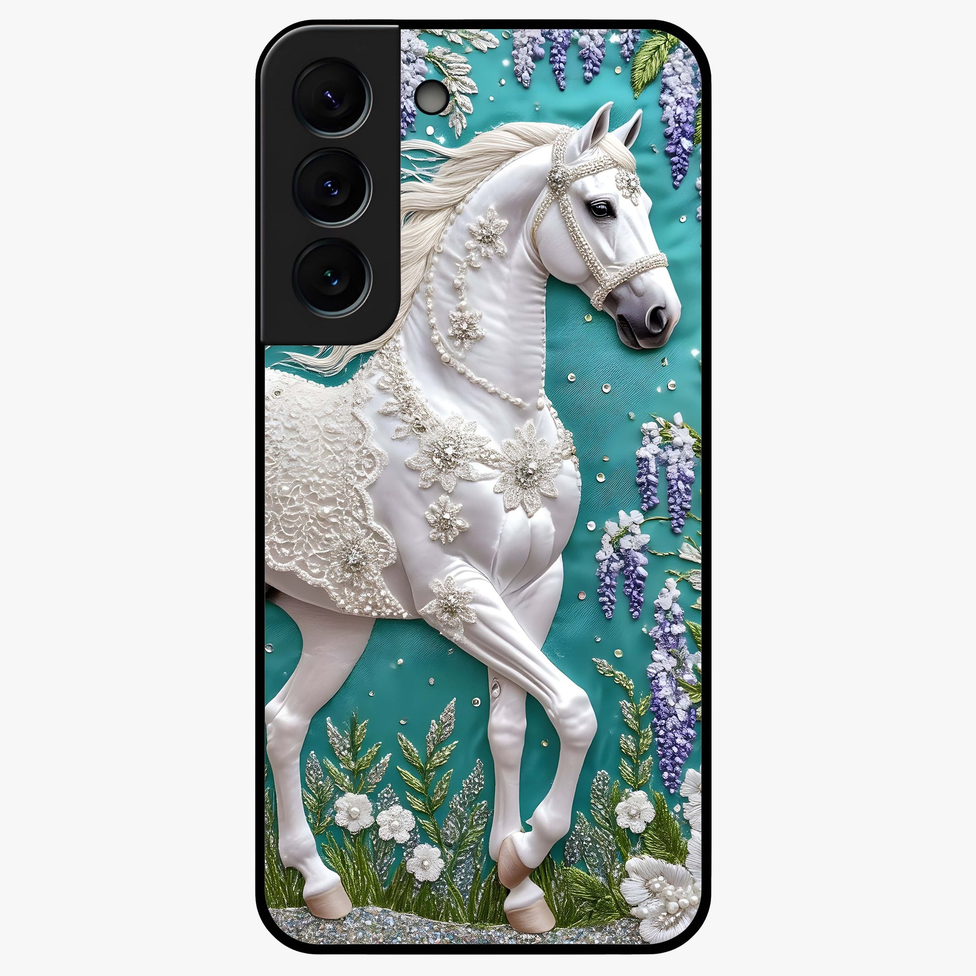 Majestic Floral Stallion Glass Case showing flat back view with powerful horse and floral artwork and glossy glass finish.