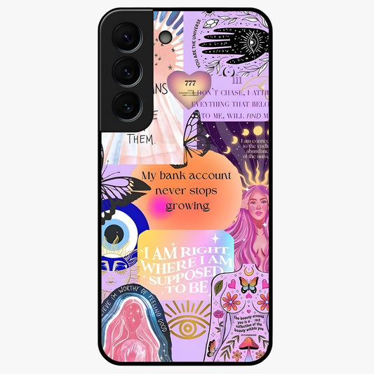 Manifestation Collage Glass Case showing flat back view with motivational collage artwork and glossy glass finish.