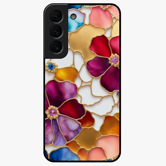 Marble Flower Pattern Glass Case showing flat back view with marble texture floral artwork and glossy glass finish.