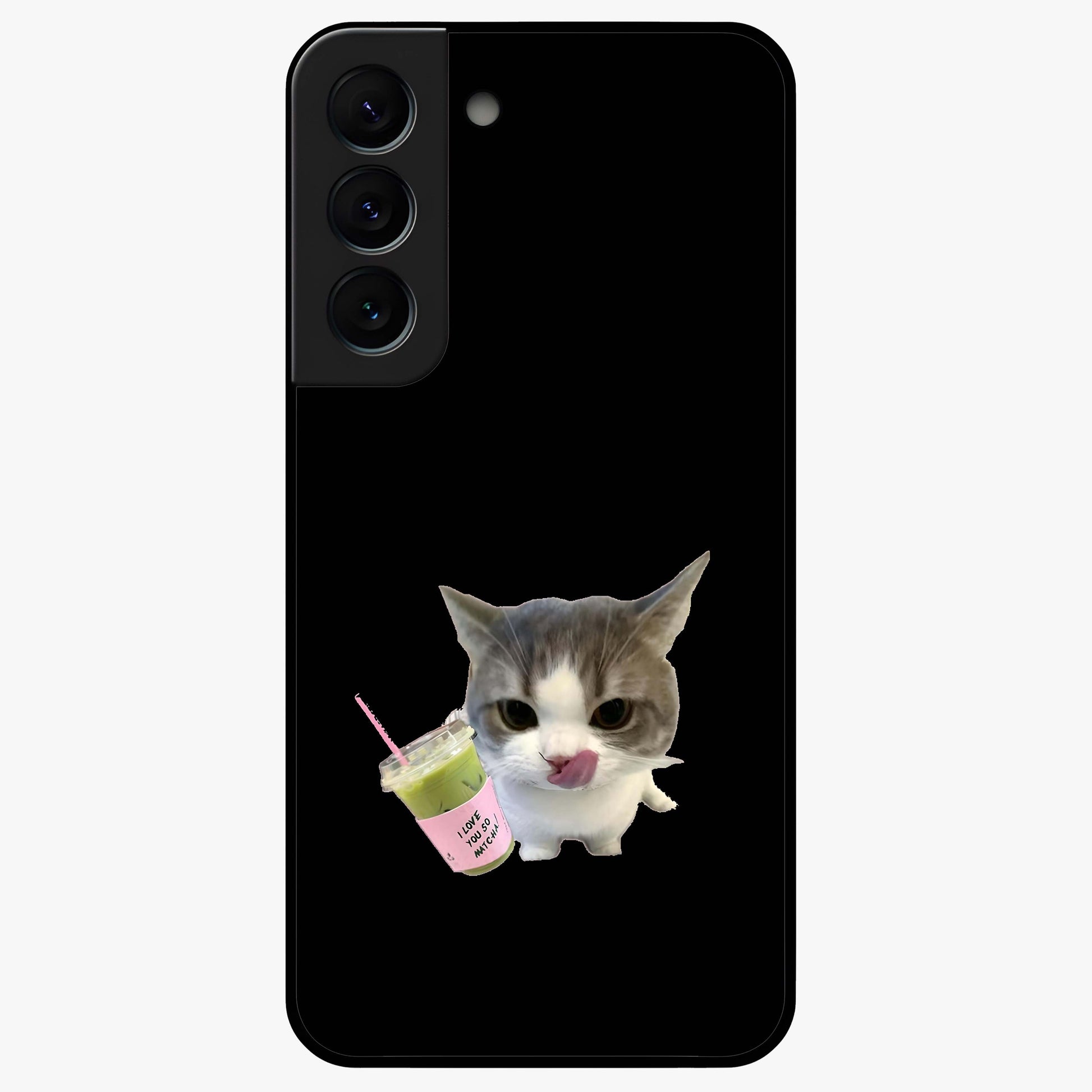 Matcha Cat Style Glass Case showing flat back view with cute matcha themed cat artwork and glossy glass finish.