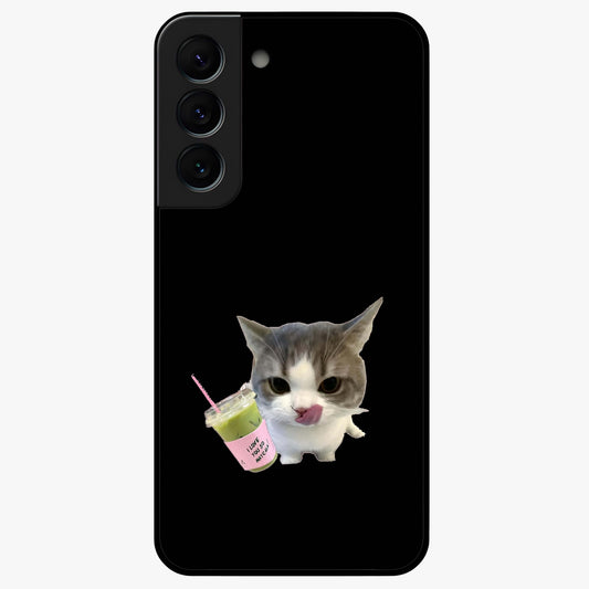 Matcha Cat Style Glass Case showing flat back view with cute matcha themed cat artwork and glossy glass finish.