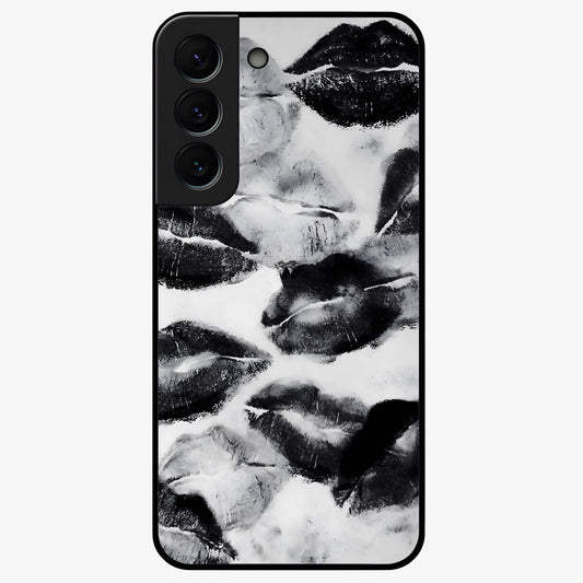 Midnight Kiss Marks Glass Case showing flat back view with lipstick kiss mark artwork and glossy glass finish.
