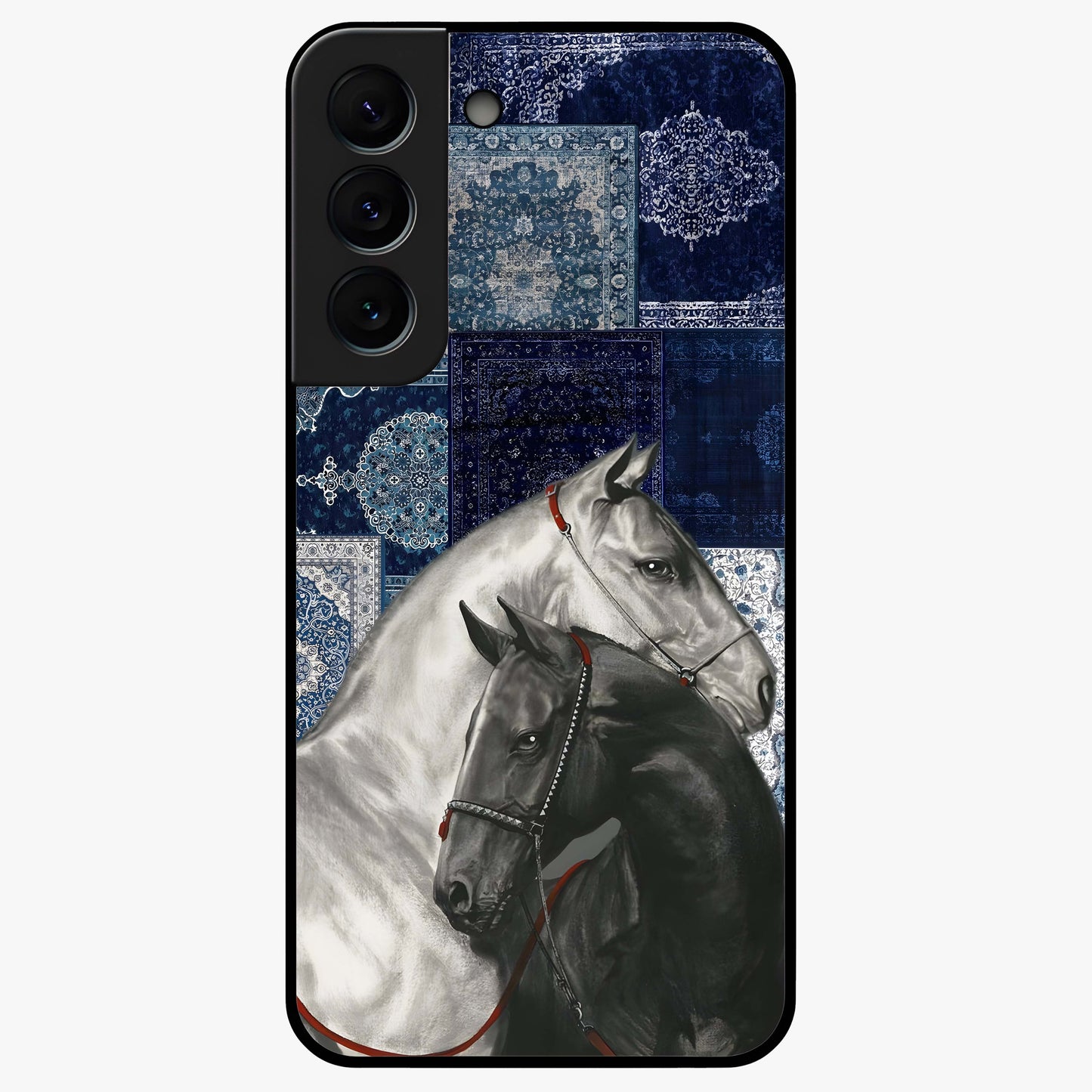 Midnight Stallion Blues Glass Case showing flat back view with majestic horse artwork and glossy glass finish.