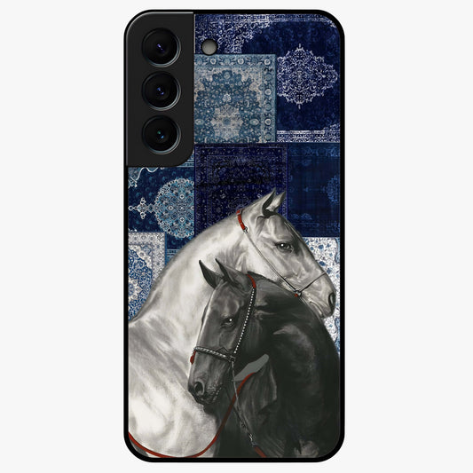 Midnight Stallion Blues Glass Case showing flat back view with majestic horse artwork and glossy glass finish.