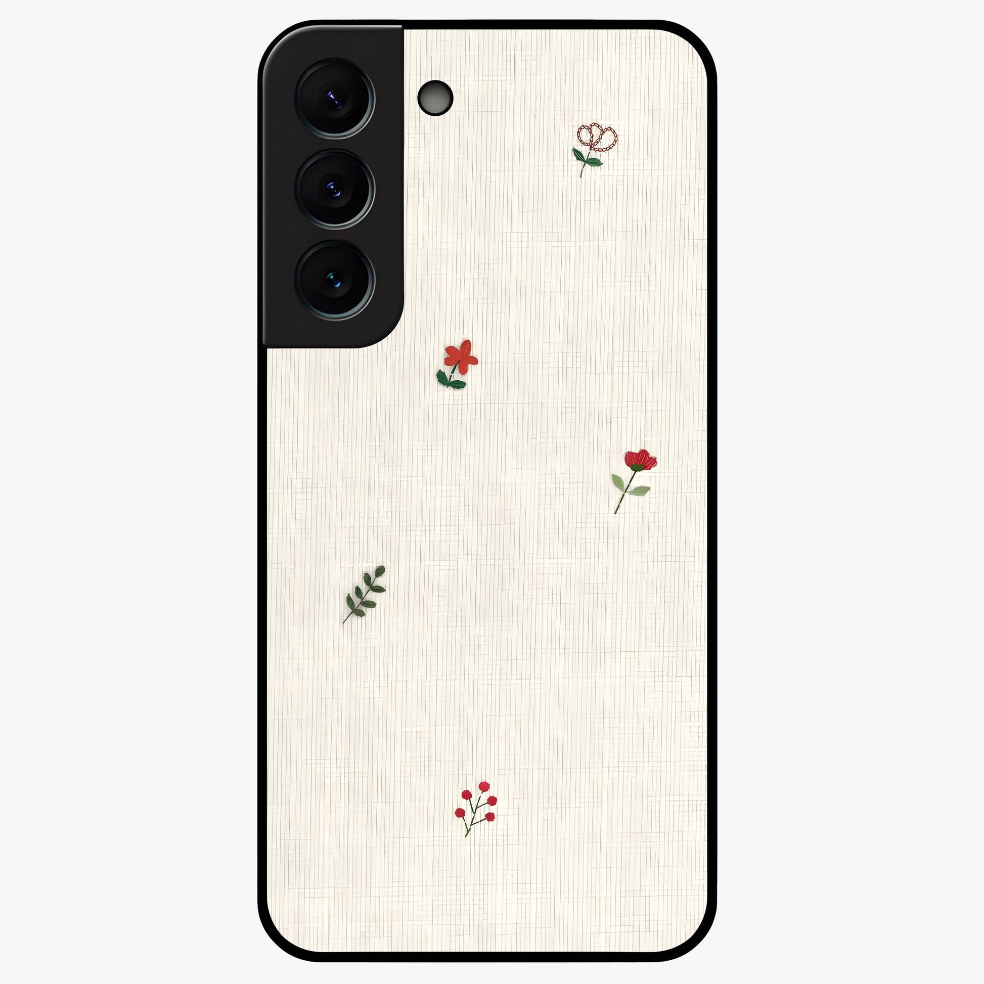 Minimal Petal Whispers Glass Case showing flat back view with soft minimal floral artwork and glossy glass finish.
