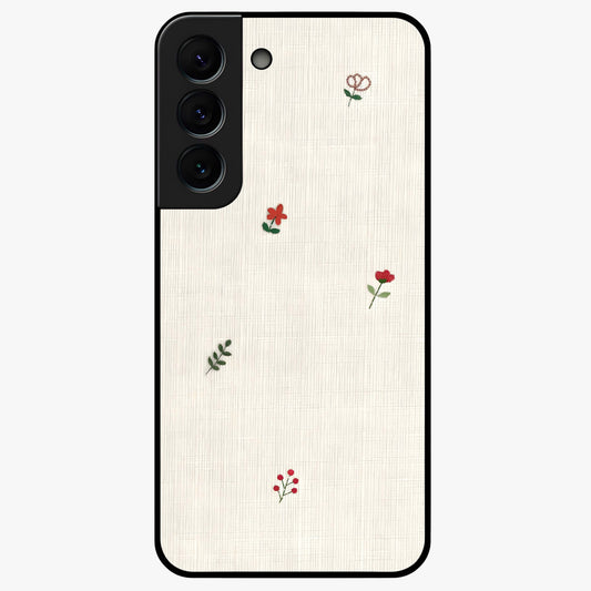 Minimal Petal Whispers Glass Case showing flat back view with soft minimal floral artwork and glossy glass finish.