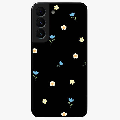 Minimalistic Blue With White Flower Pattern Glass Case showing flat back view with blue background and white flower pattern and glossy glass finish.