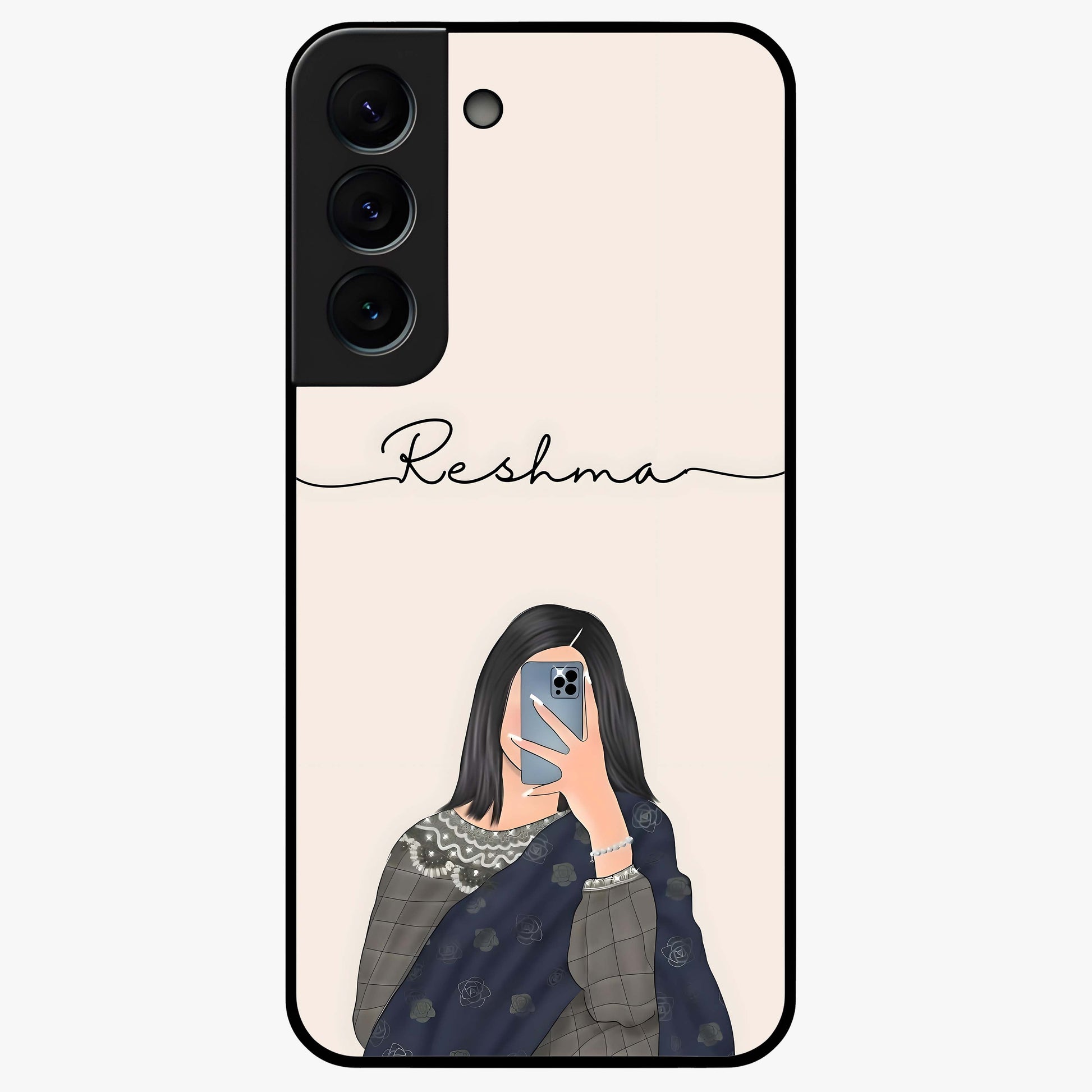 Mirror Mood Muse With Custom Name Glass Case showing flat back view with stylish mirrored artwork and personalized name design.