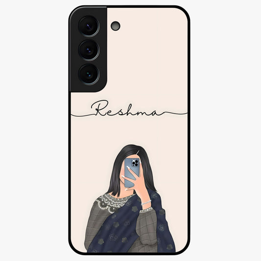Mirror Mood Muse With Custom Name Glass Case showing flat back view with stylish mirrored artwork and personalized name design.