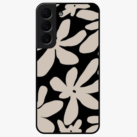 Monochrome Petal Dance Glass Case showing flat back view with monochrome floral artwork and glossy glass finish.